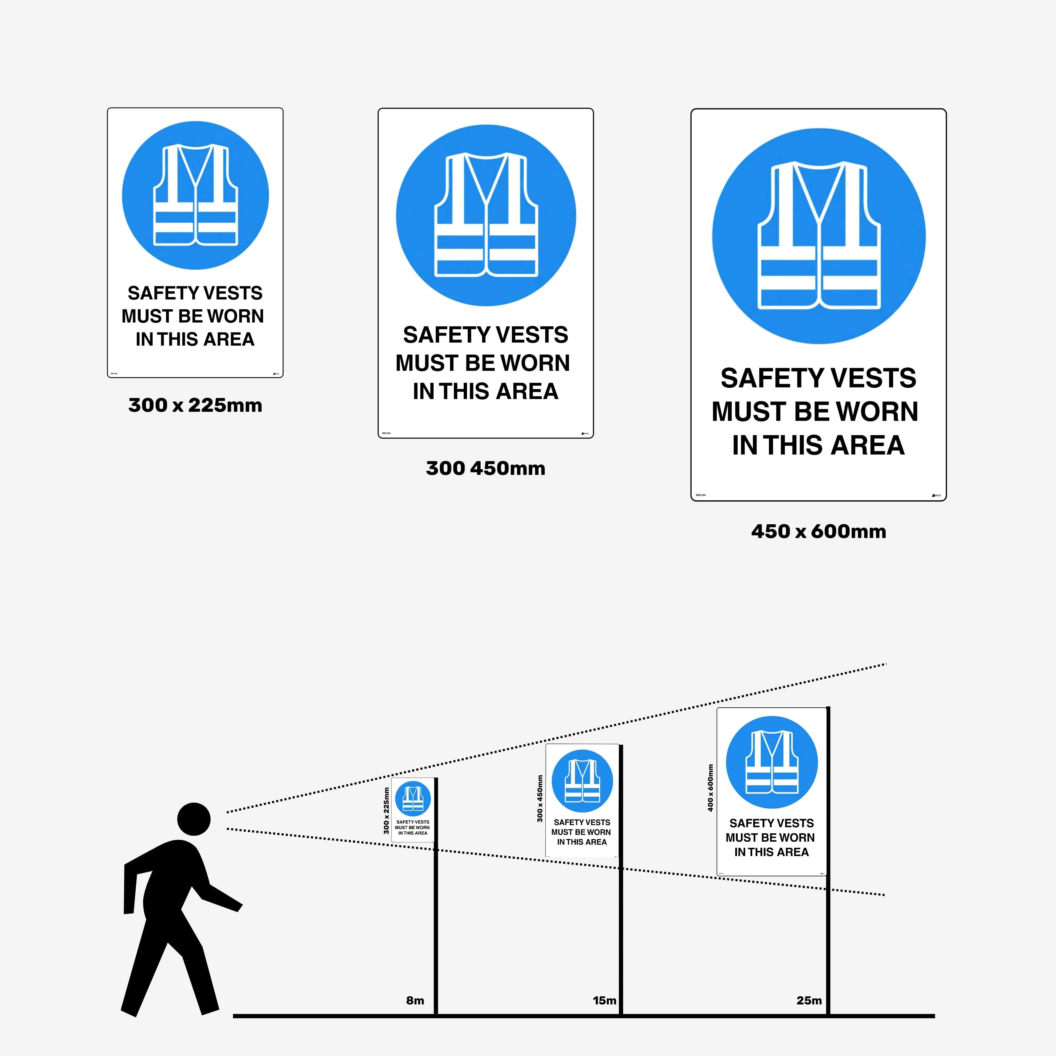 Layflat view of BSS 004 mandatory sign displaying blue circular background with white safety vest icon and clear text for workplace visibility requirements