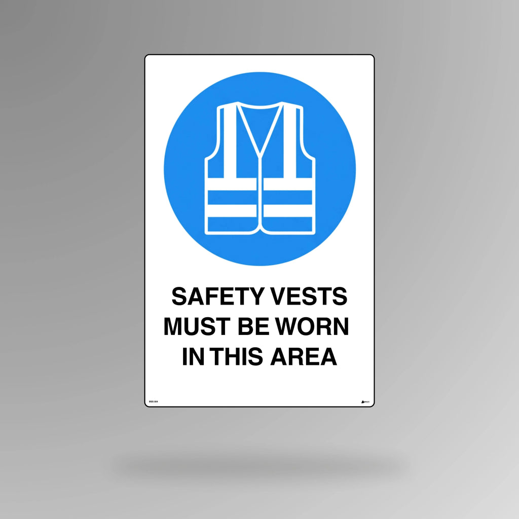 BSS 004 blue and white mandatory safety sign in portrait orientation showing high visibility vest symbol with text stating safety vests must be worn