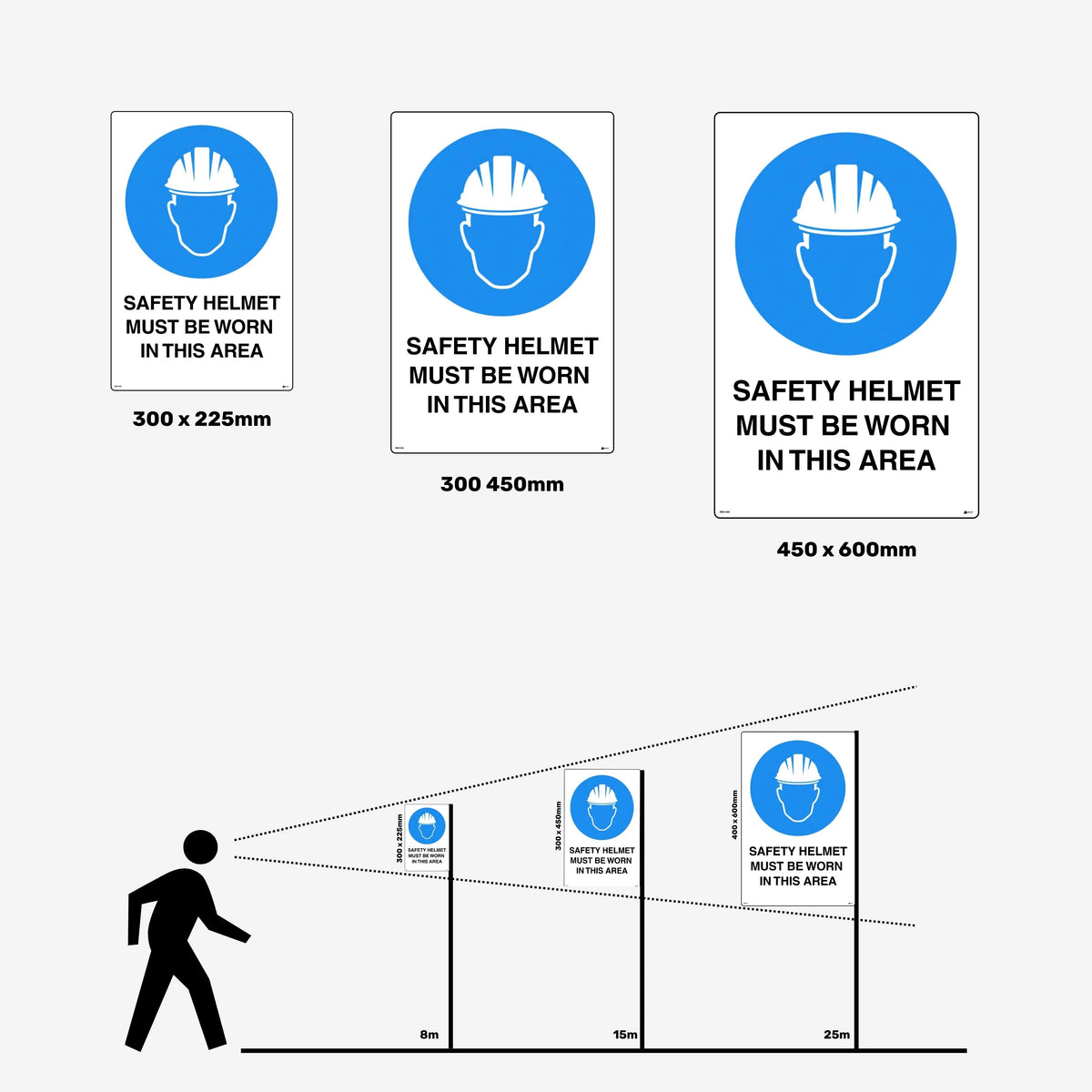 Layflat view of BSS 007 mandatory sign displaying blue circular background with white hard hat icon and readable text for workplace head protection requirements