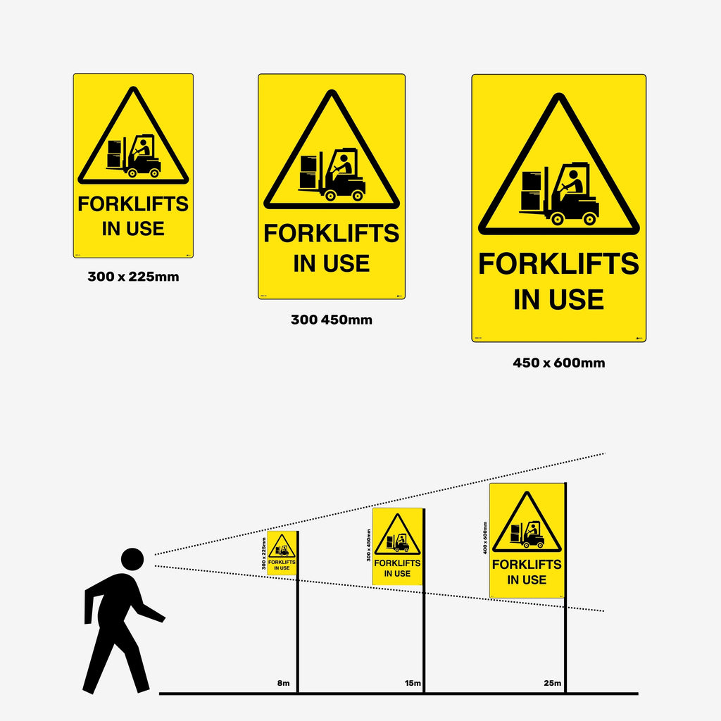 Layflat view of BSS 101 warning sign displaying yellow triangular background with black forklift icon and clear text for machinery operation awareness