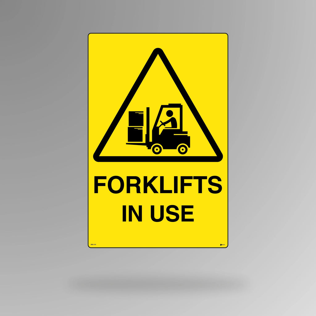 BSS 101 yellow and black warning sign in portrait orientation showing forklift symbol with text stating forklifts in use for warehouse safety