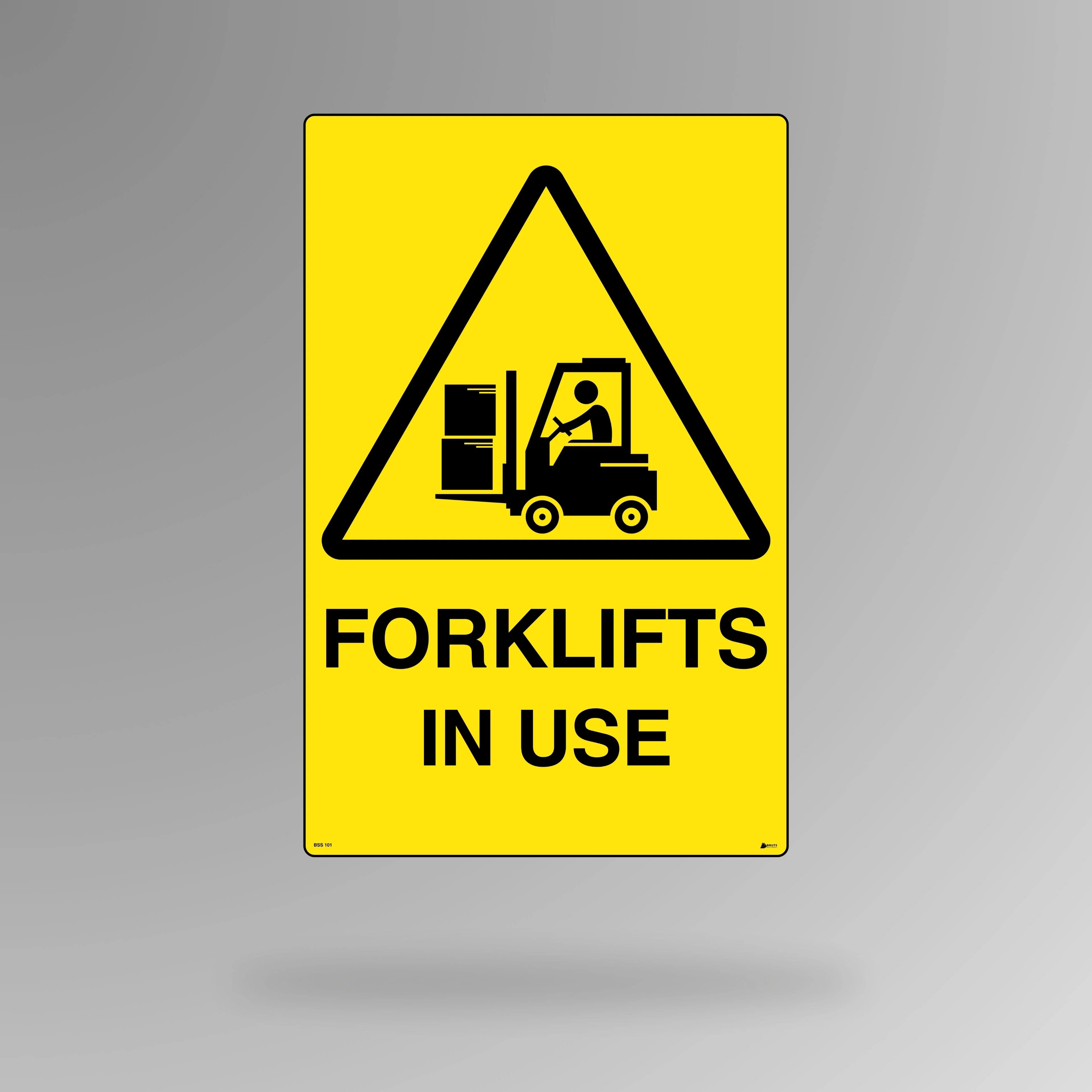 BSS 101 yellow and black warning sign in portrait orientation showing forklift symbol with text stating forklifts in use for warehouse safety