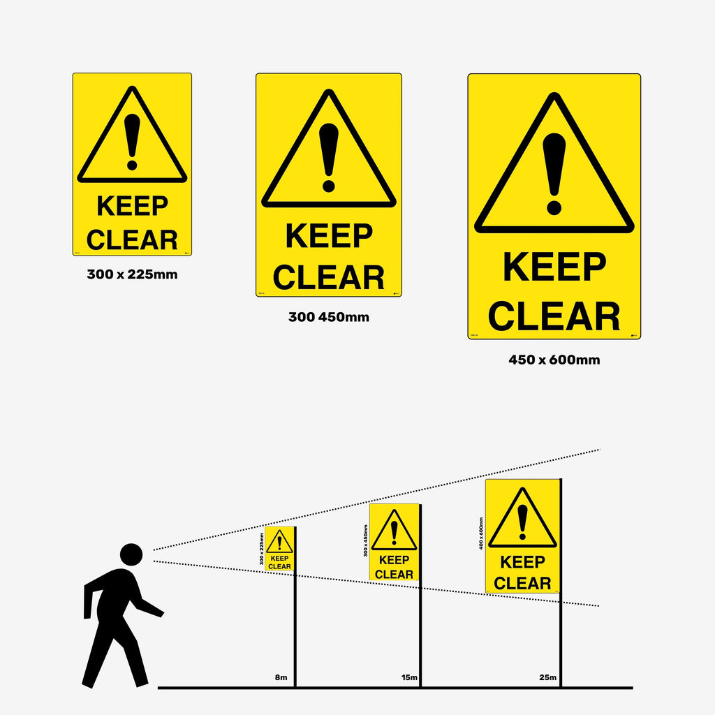 Layflat view of BSS 102 warning sign featuring yellow background with black text providing clear instruction to maintain unobstructed access zones