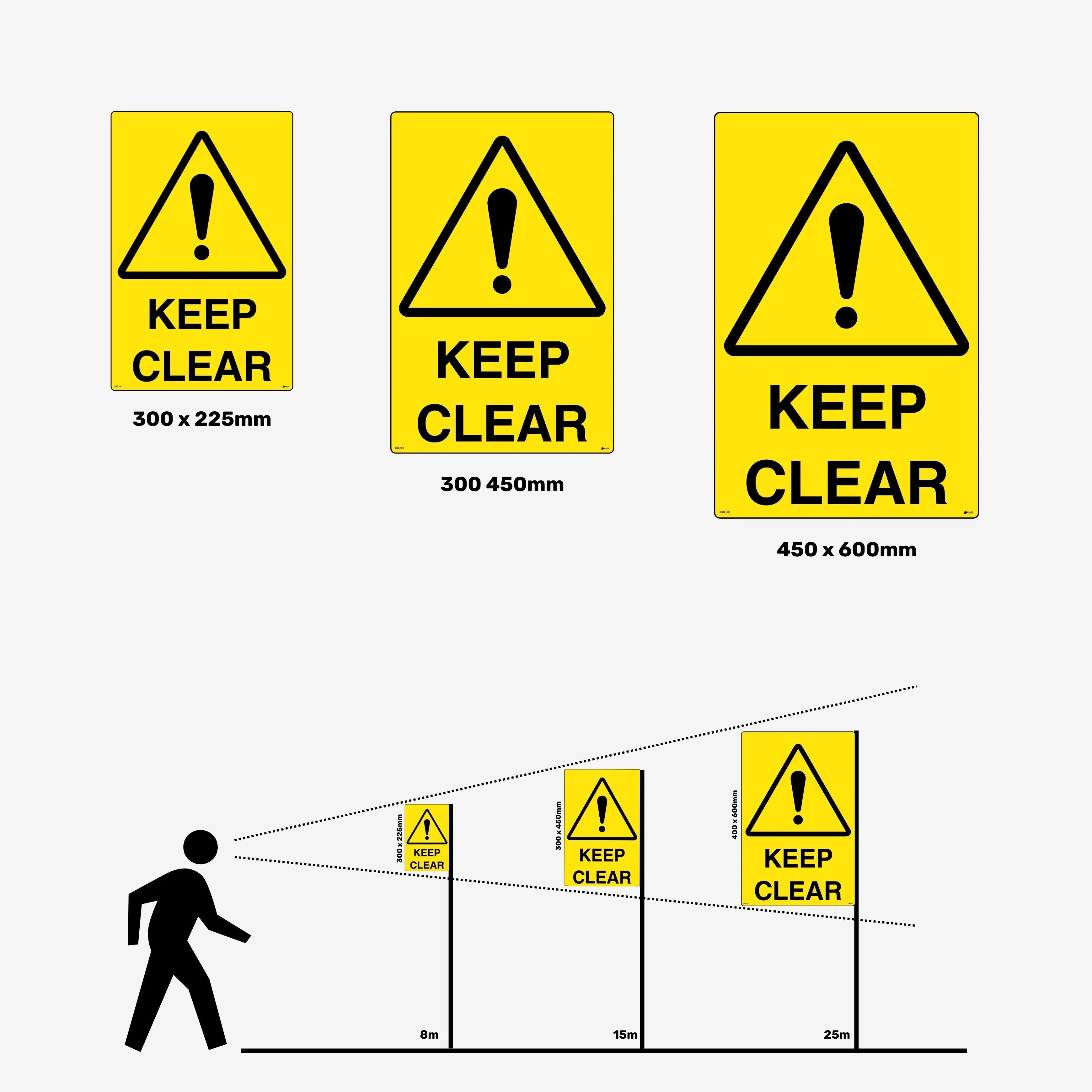 Layflat view of BSS 102 warning sign featuring yellow background with black text providing clear instruction to maintain unobstructed access zones