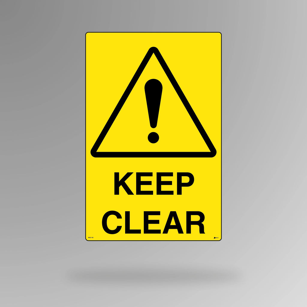 BSS 102 yellow and black warning sign in portrait orientation displaying keep clear text in bold letters for emergency access and clearway areas