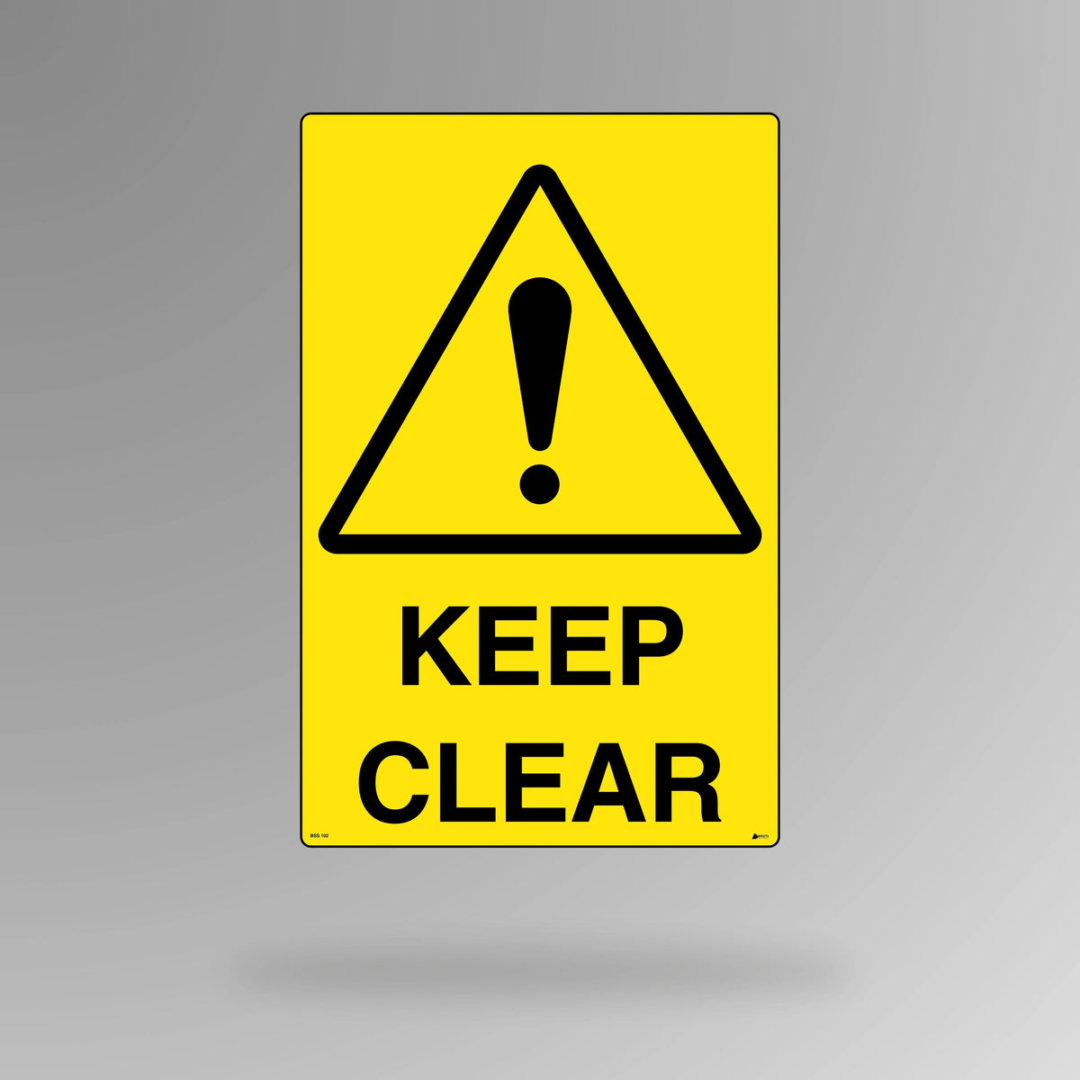 BSS 102 yellow and black warning sign in portrait orientation displaying keep clear text in bold letters for emergency access and clearway areas