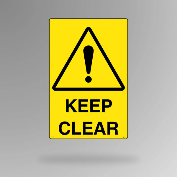 BSS 102 yellow and black warning sign in portrait orientation displaying keep clear text in bold letters for emergency access and clearway areas