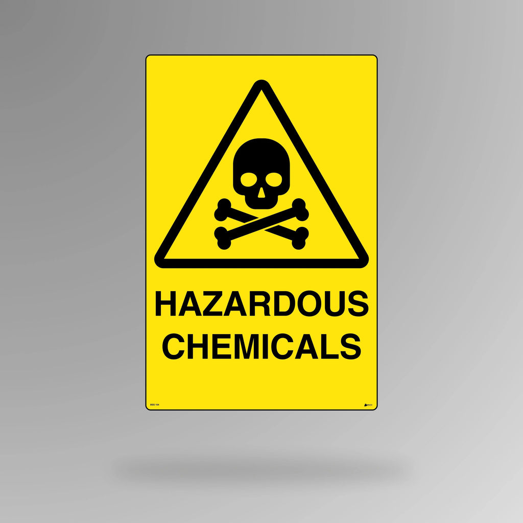 BSS 104 yellow and black warning sign in portrait orientation displaying hazardous text with warning symbol for dangerous materials and hazard areas