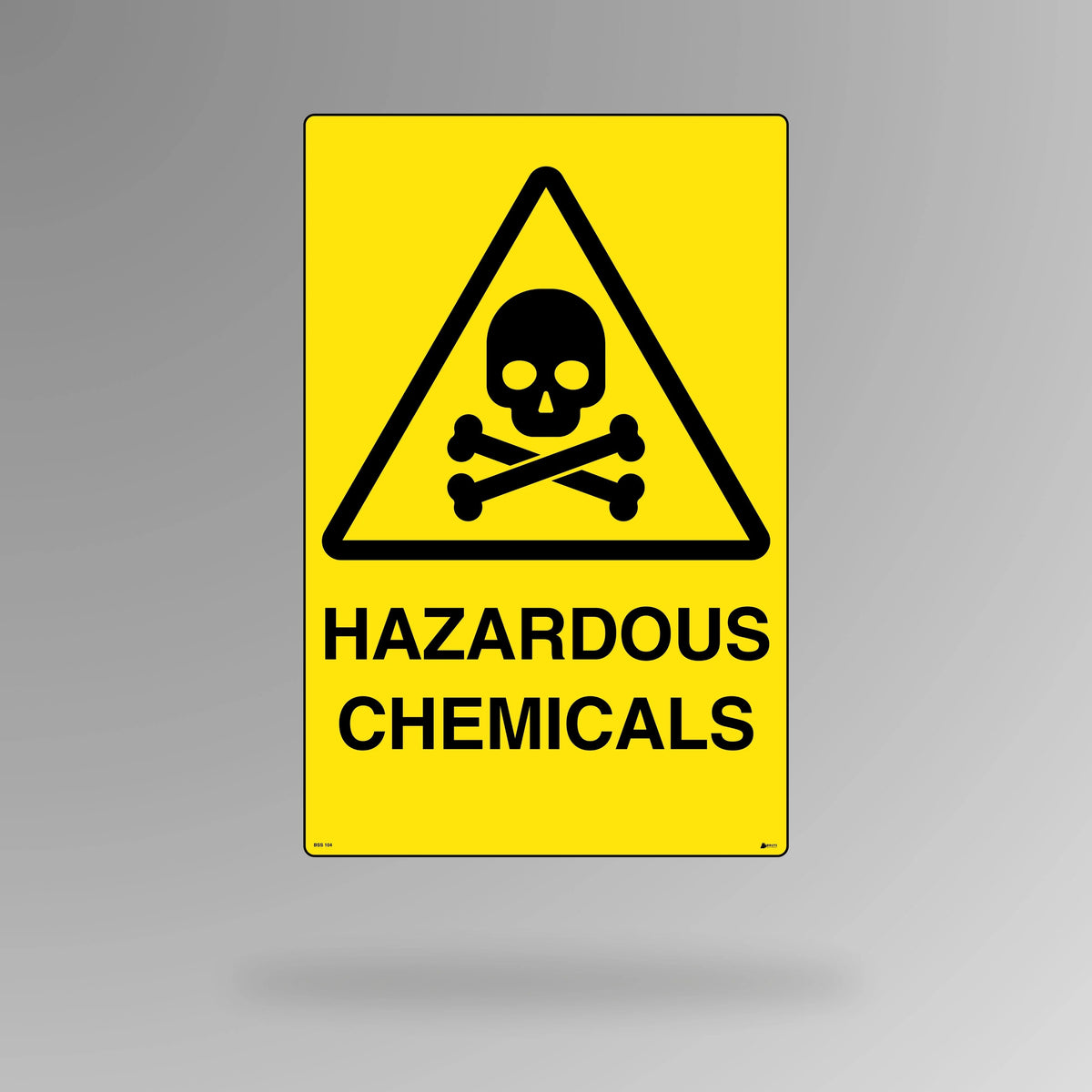 BSS 104 yellow and black warning sign in portrait orientation displaying hazardous text with warning symbol for dangerous materials and hazard areas