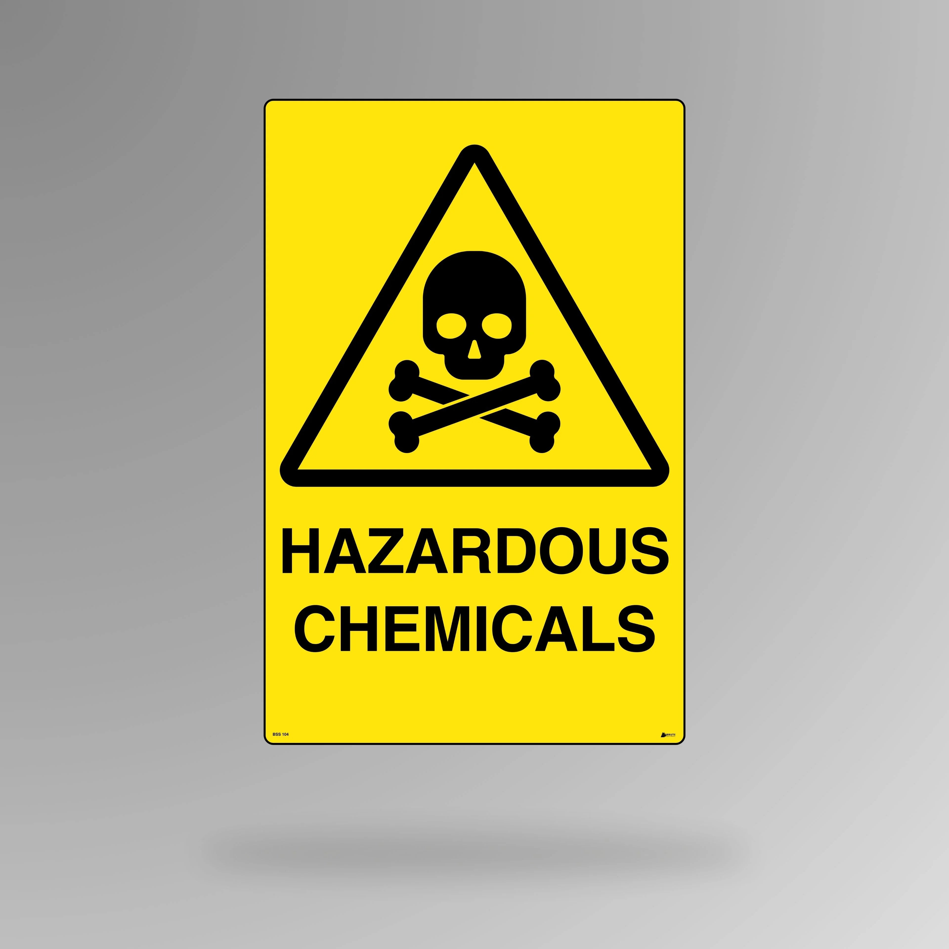 BSS 104 yellow and black warning sign in portrait orientation displaying hazardous text with warning symbol for dangerous materials and hazard areas
