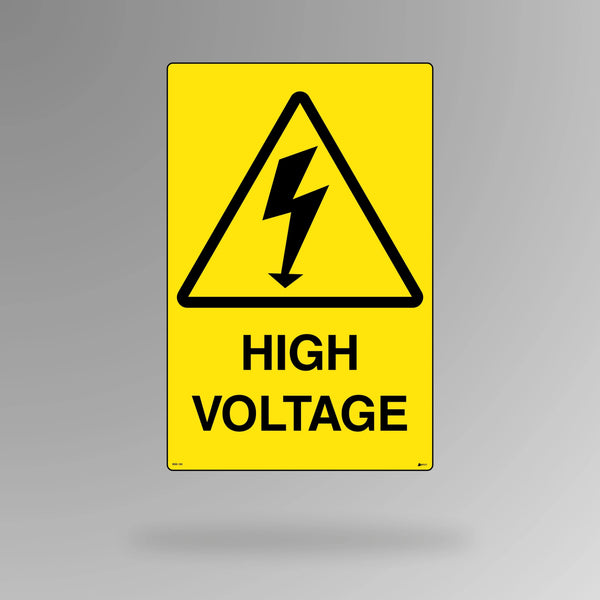 BSS 105 yellow and black warning safety sign in portrait orientation showing electrical bolt symbol in triangle with high voltage hazard text