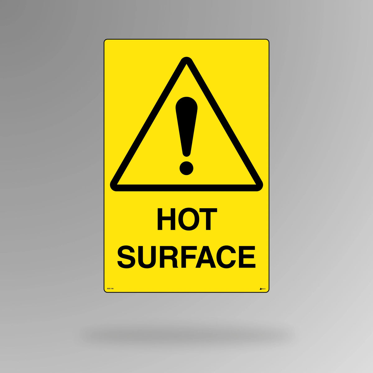 BSS 106 yellow and black warning safety sign in portrait orientation showing hand above heat waves symbol in triangle with hot surface hazard text