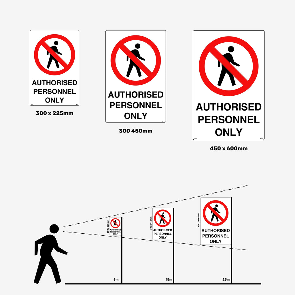 Layflat view of BSS 201 prohibition sign displaying red border with white background and clear text restricting access to authorised workers only