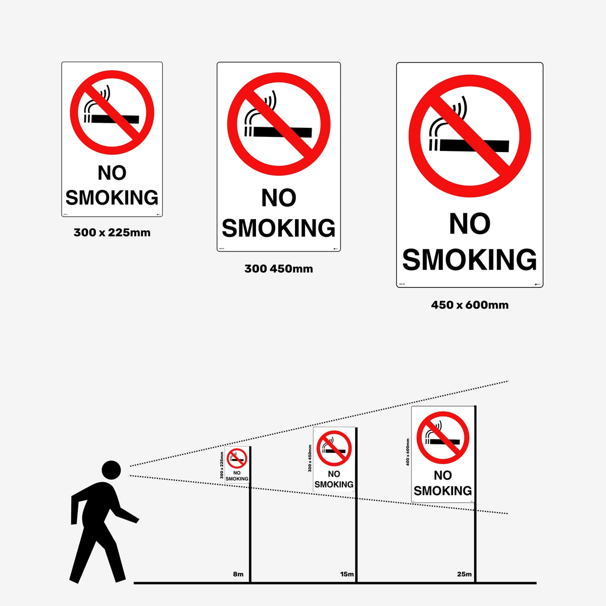 Layflat view of BSS 204 prohibition sign showing red circle with diagonal line over cigarette symbol on white background for clear smoking restriction