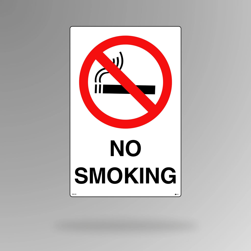 BSS 204 red and white prohibition sign in portrait orientation featuring no smoking symbol with cigarette icon crossed out for fire prevention areas