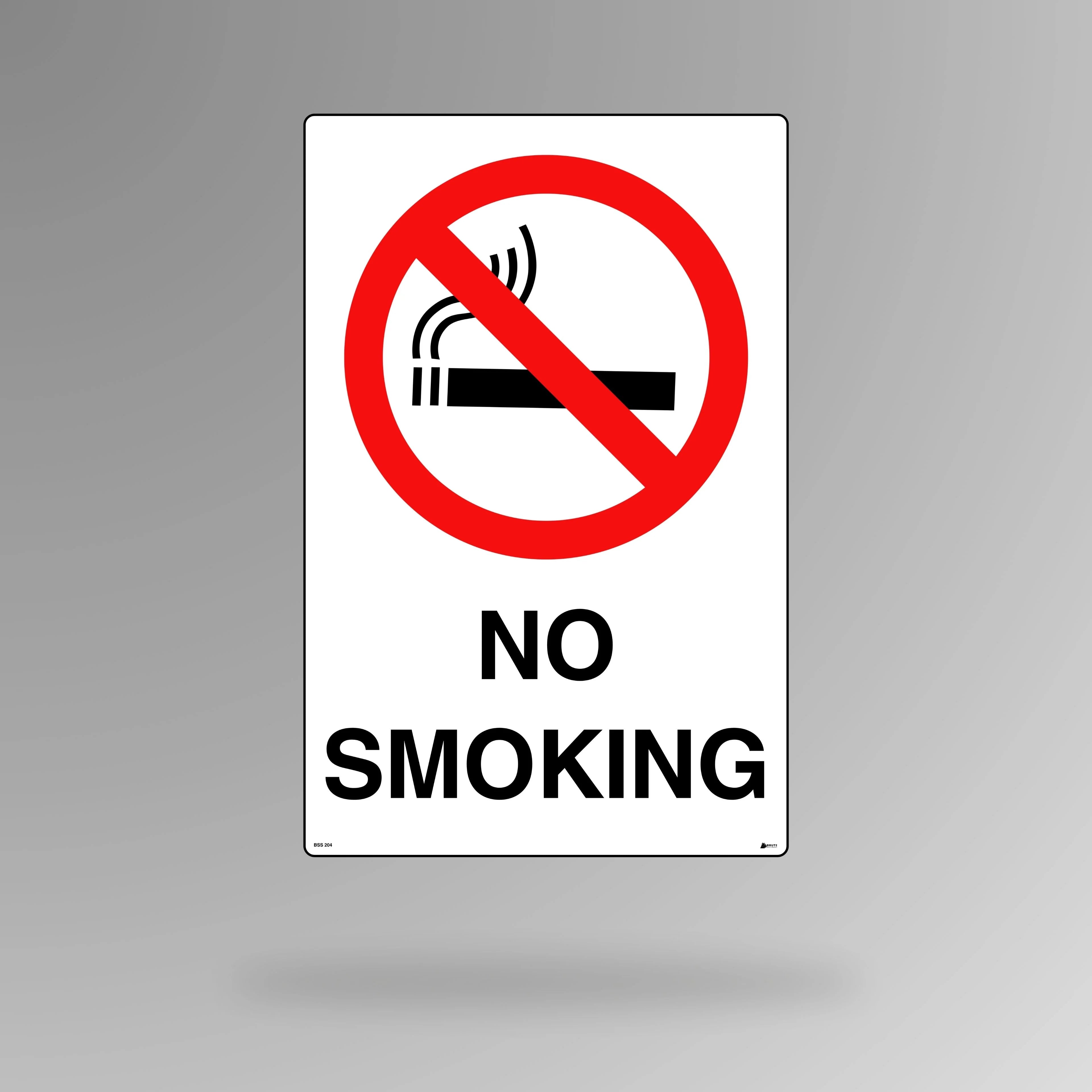BSS 204 red and white prohibition sign in portrait orientation featuring no smoking symbol with cigarette icon crossed out for fire prevention areas