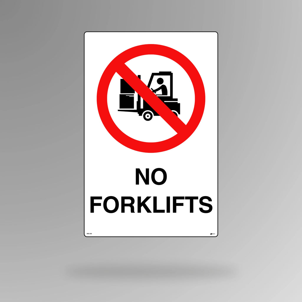 BSS 205 red and white prohibition safety sign in portrait orientation showing crossed out forklift symbol with clear no forklifts restriction text