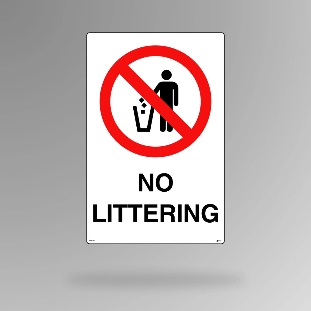 BSS 206 red and white prohibition safety sign in portrait orientation showing crossed out littering symbol with clear no littering restriction text