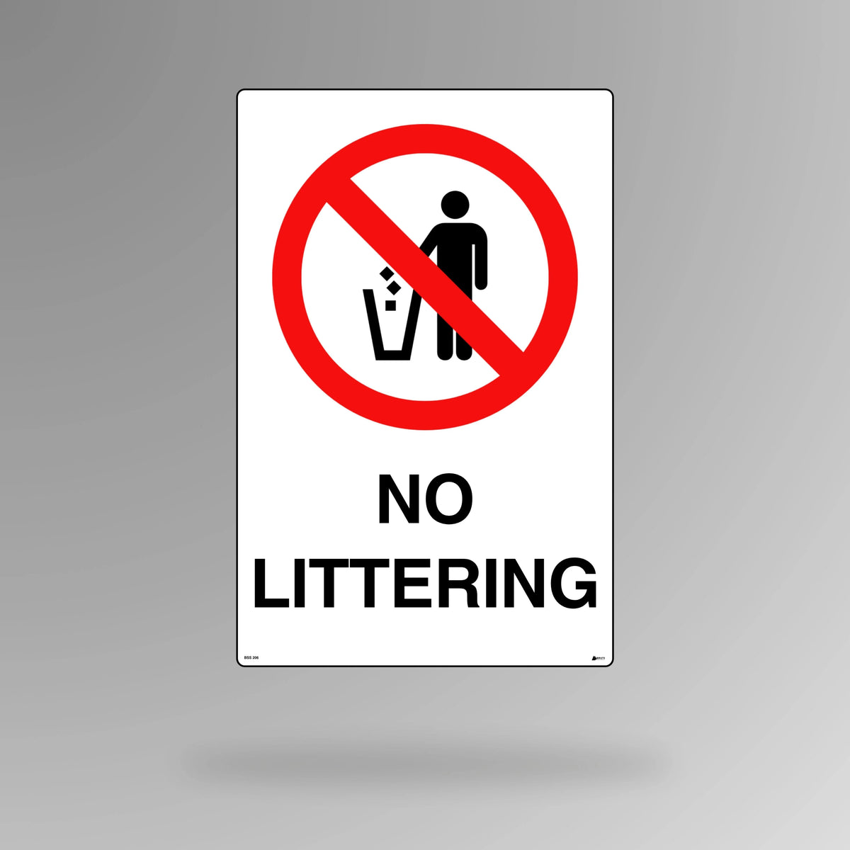 BSS 206 red and white prohibition safety sign in portrait orientation showing crossed out littering symbol with clear no littering restriction text