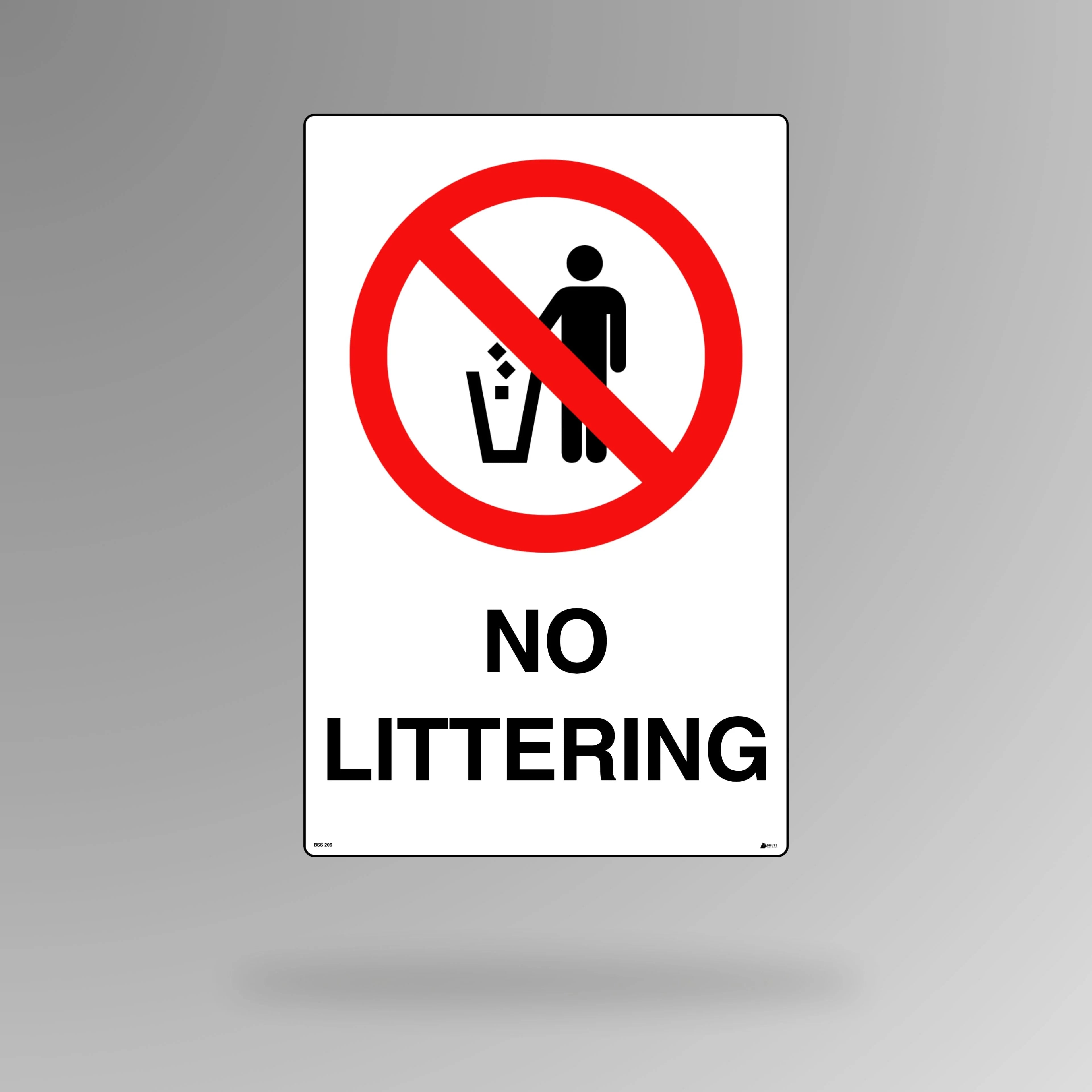 BSS 206 red and white prohibition safety sign in portrait orientation showing crossed out littering symbol with clear no littering restriction text