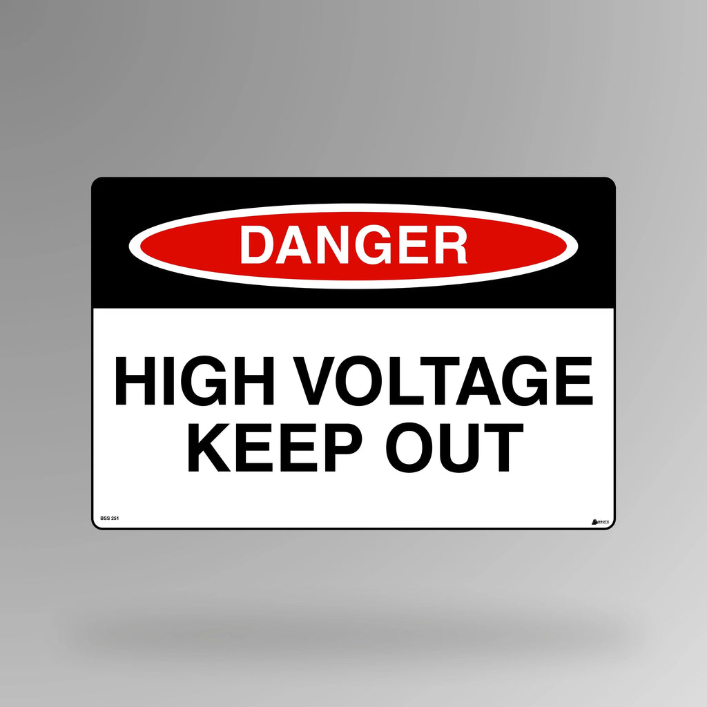 BSS 251 red and white danger sign in landscape orientation displaying high voltage warning symbol with text stating danger high voltage keep out for electrical areas