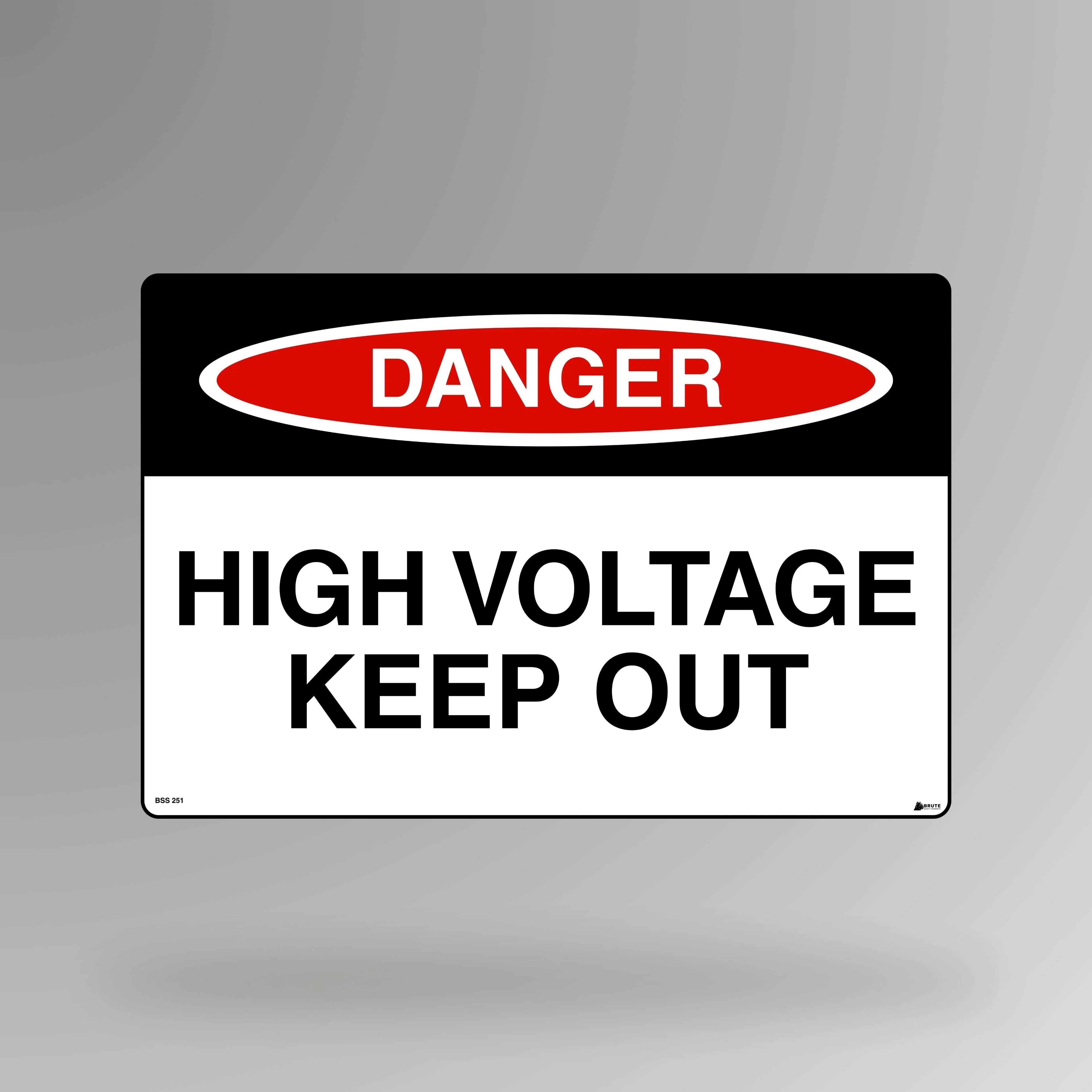 BSS 251 red and white danger sign in landscape orientation displaying high voltage warning symbol with text stating danger high voltage keep out for electrical areas