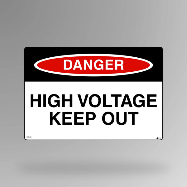 BSS 251 red and white danger sign in landscape orientation displaying high voltage warning symbol with text stating danger high voltage keep out for electrical areas