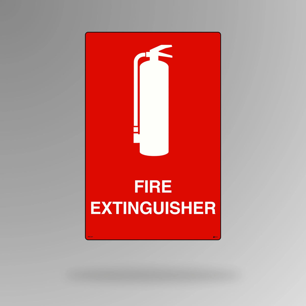 BSS 301 red and white emergency sign in portrait orientation featuring fire extinguisher symbol for quick identification of fire fighting equipment location