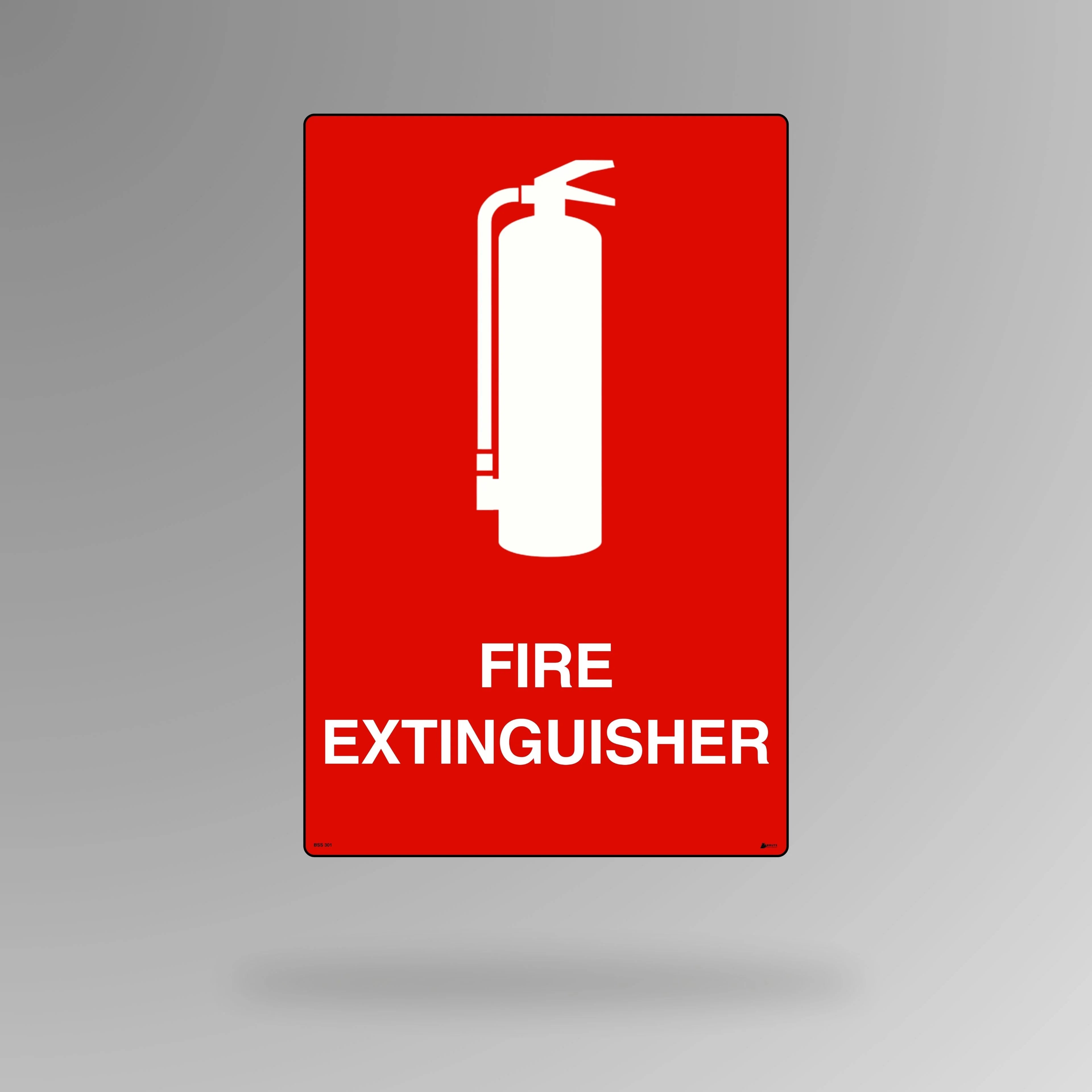 BSS 301 red and white emergency sign in portrait orientation featuring fire extinguisher symbol for quick identification of fire fighting equipment location