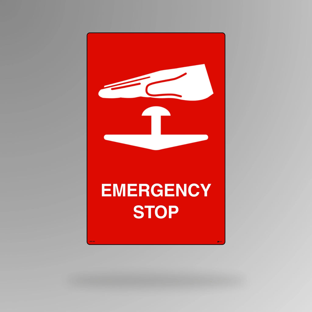 BSS 302 red and white emergency sign in portrait orientation displaying emergency stop text for machinery and equipment shutdown control identification