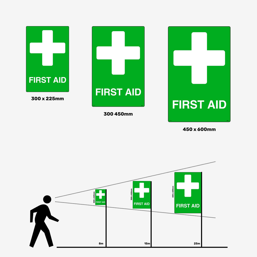 Layflat view of BSS 351 emergency sign displaying green background with white cross and clear first aid text for medical response equipment location
