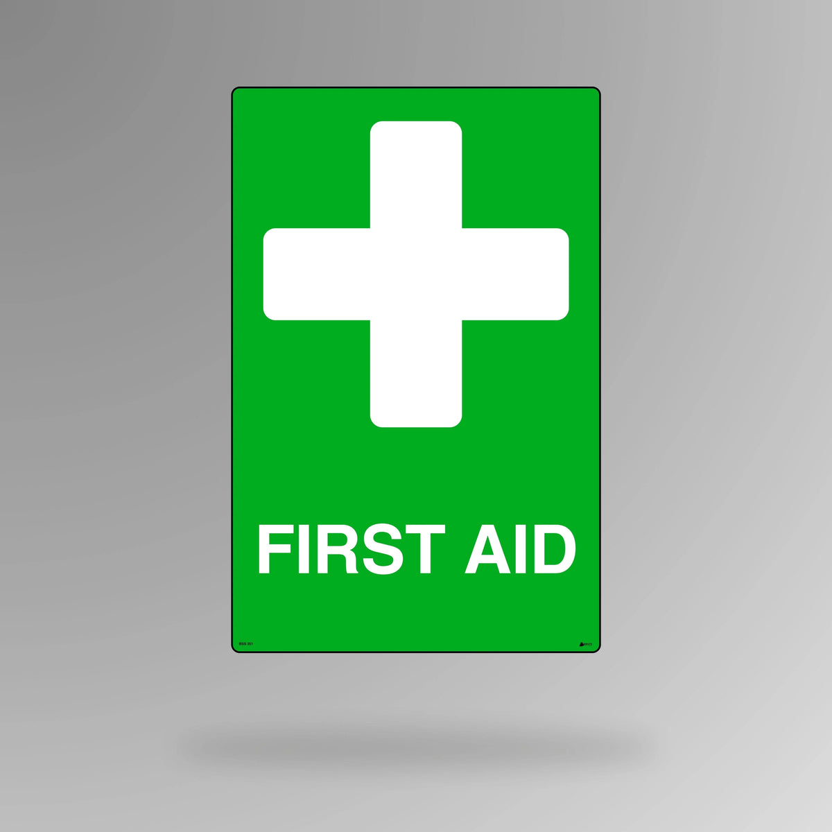 BSS 351 green and white emergency sign in portrait orientation showing first aid cross symbol for quick identification of medical station and kit location