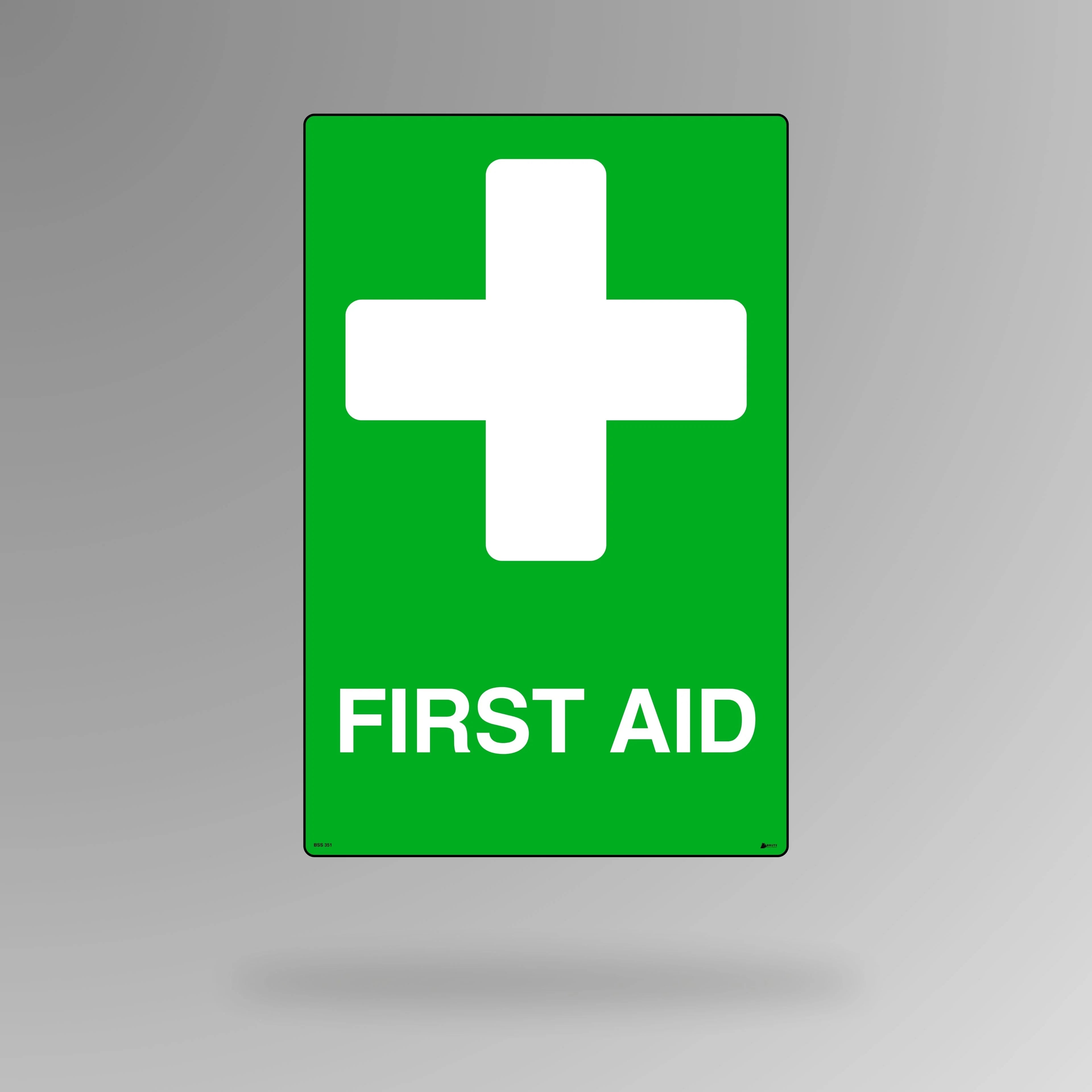 BSS 351 green and white emergency sign in portrait orientation showing first aid cross symbol for quick identification of medical station and kit location