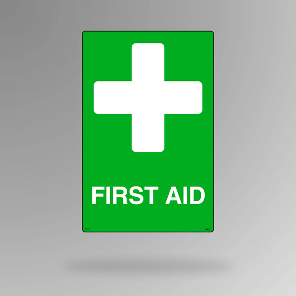 BSS 351 green and white emergency sign in portrait orientation showing first aid cross symbol for quick identification of medical station and kit location