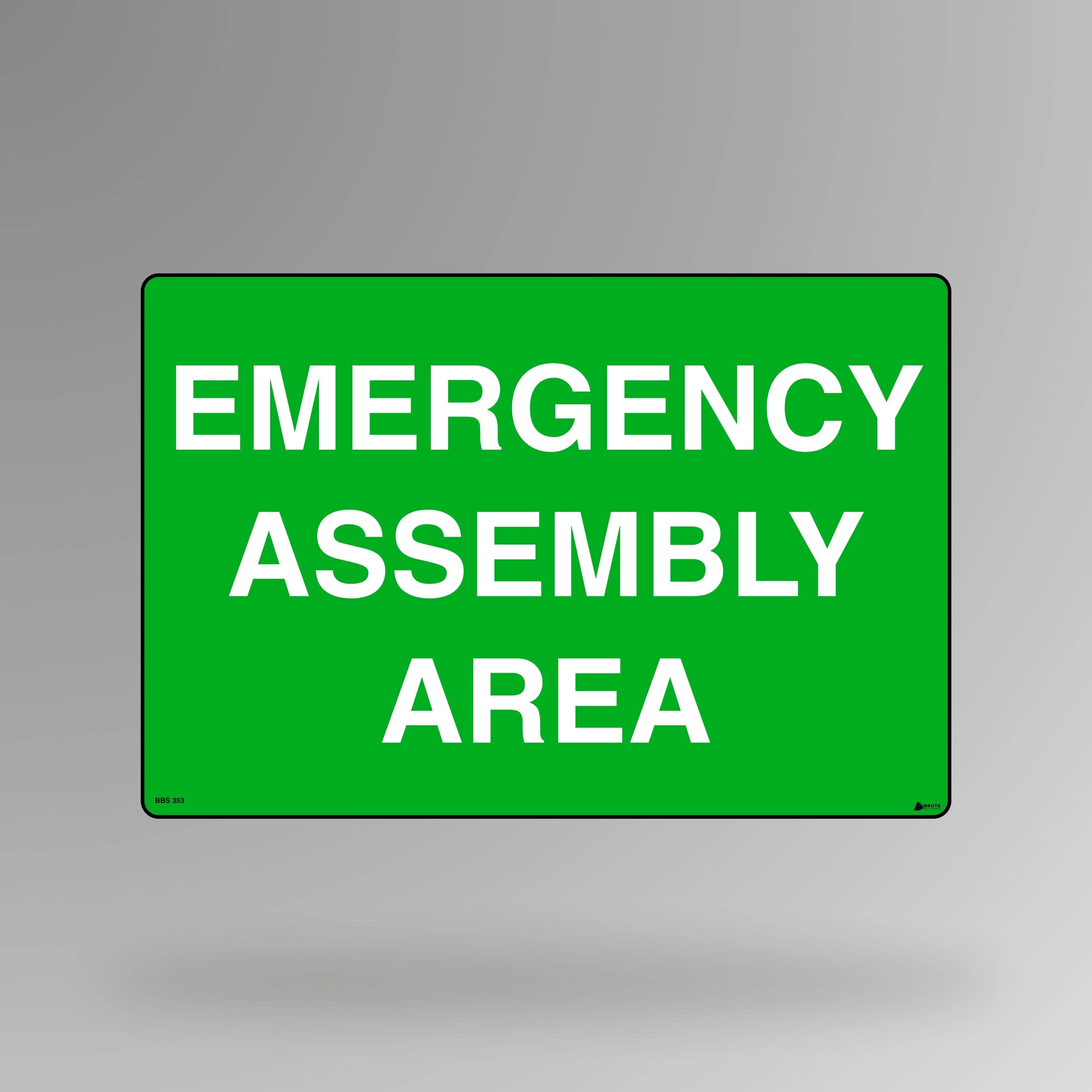 BSS 352 green and white emergency sign in landscape orientation displaying assembly area symbol with text indicating evacuation gathering zone location