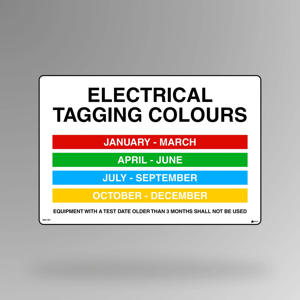BSS 401 multicolour safety sign in landscape orientation displaying electrical tagging colour code chart with monthly testing schedule for equipment compliance