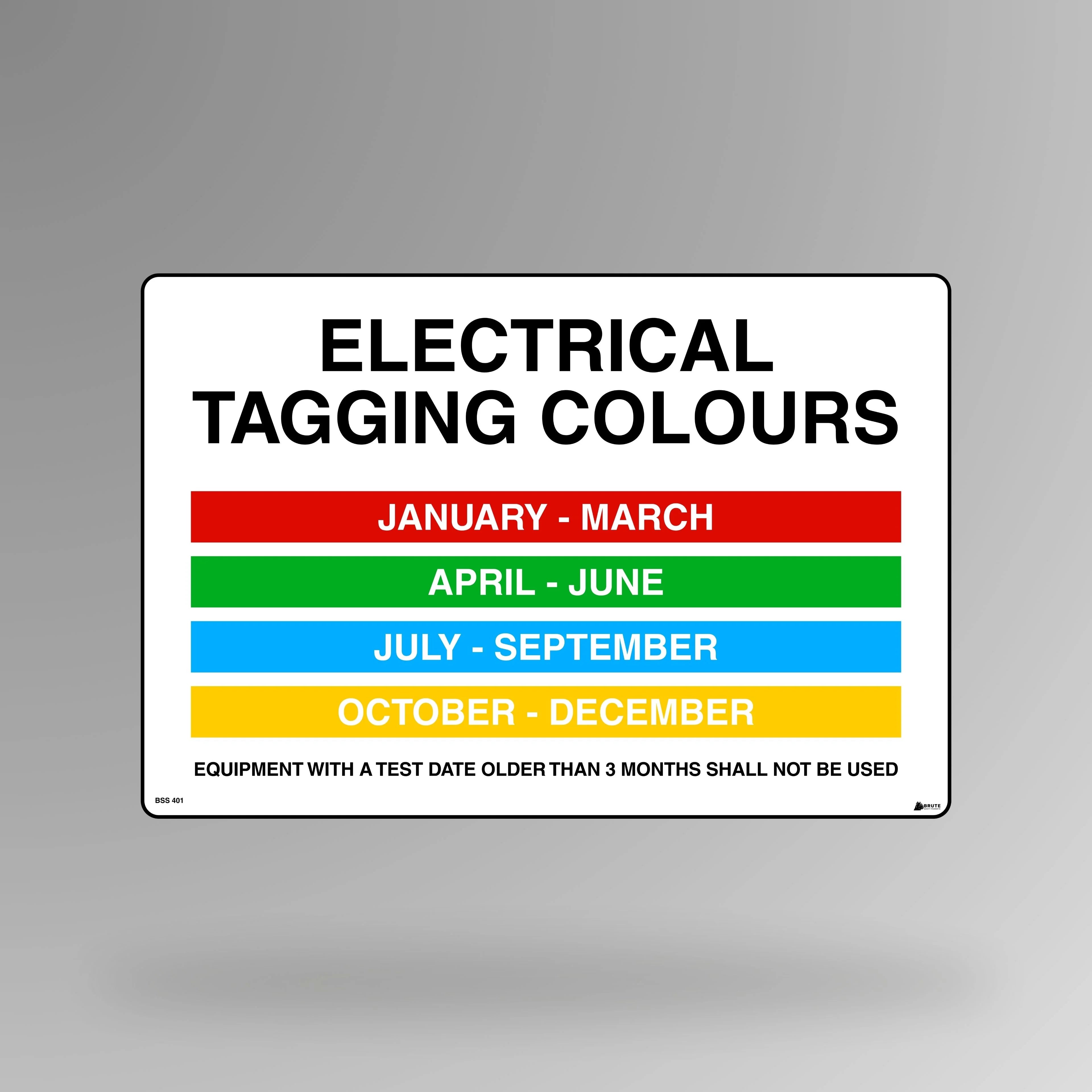 BSS 401 multicolour safety sign in landscape orientation displaying electrical tagging colour code chart with monthly testing schedule for equipment compliance