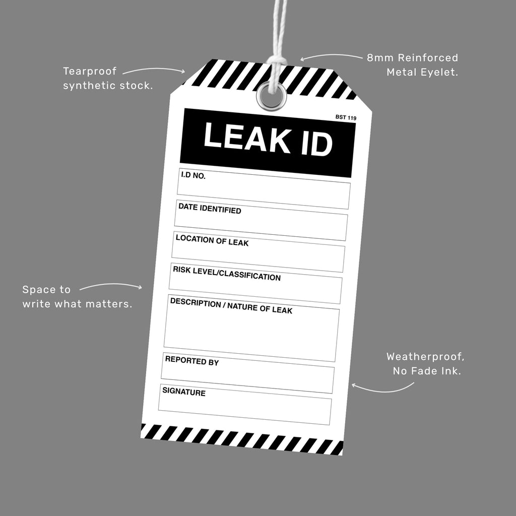 Brute Safety BST 119 Leak ID tag shown at an angle with callout labels highlighting tearproof synthetic stock, 8mm reinforced metal eyelet, space to write what matters, and weatherproof no fade ink.