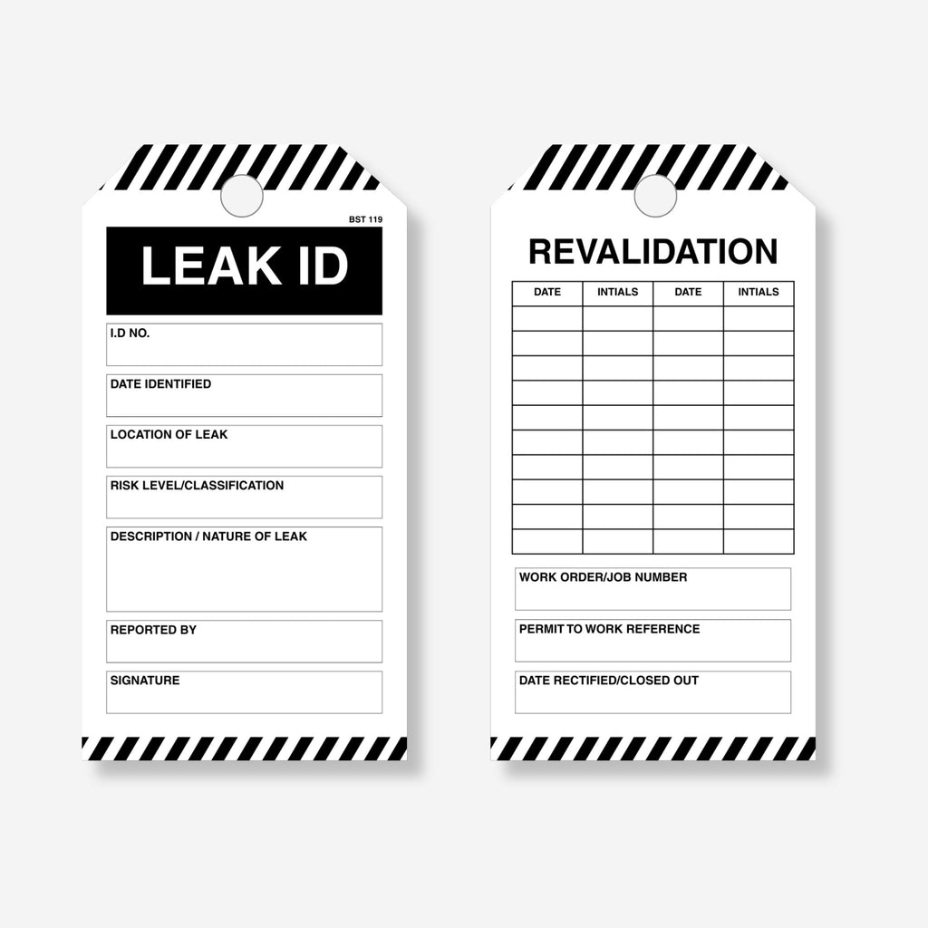 Front and back view of the BST 119 Leak ID tag. Front shows black Leak ID header with fields for ID number, date identified, location of leak, risk level and classification, description and nature of leak, reported by and signature. Reverse shows revalidation table with date and initials columns, plus work order and job number, permit to work reference and date rectified and closed out fields.