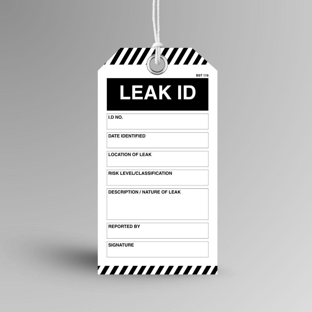 Brute Safety Products BST 119 Leak ID safety tag, 75x145mm, with black and white diagonal stripe header and footer, black Leak ID header panel, and fields for ID number, date identified, location of leak, risk level, description of leak, reported by and signature.