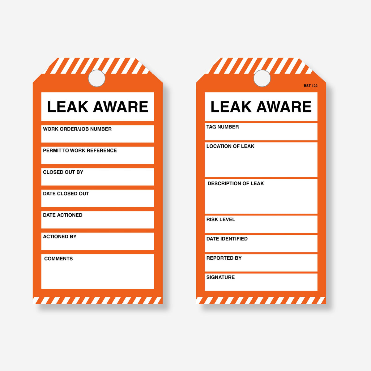 Front and back view of the BST 122 Leak Aware tag with orange body and white and orange diagonal stripe header and footer. Front shows fields for tag number, location of leak, description of leak, risk level, date identified, reported by and signature. Reverse shows fields for work order and job number, permit to work reference, closed out by, date closed out, date actioned, actioned by and comments.