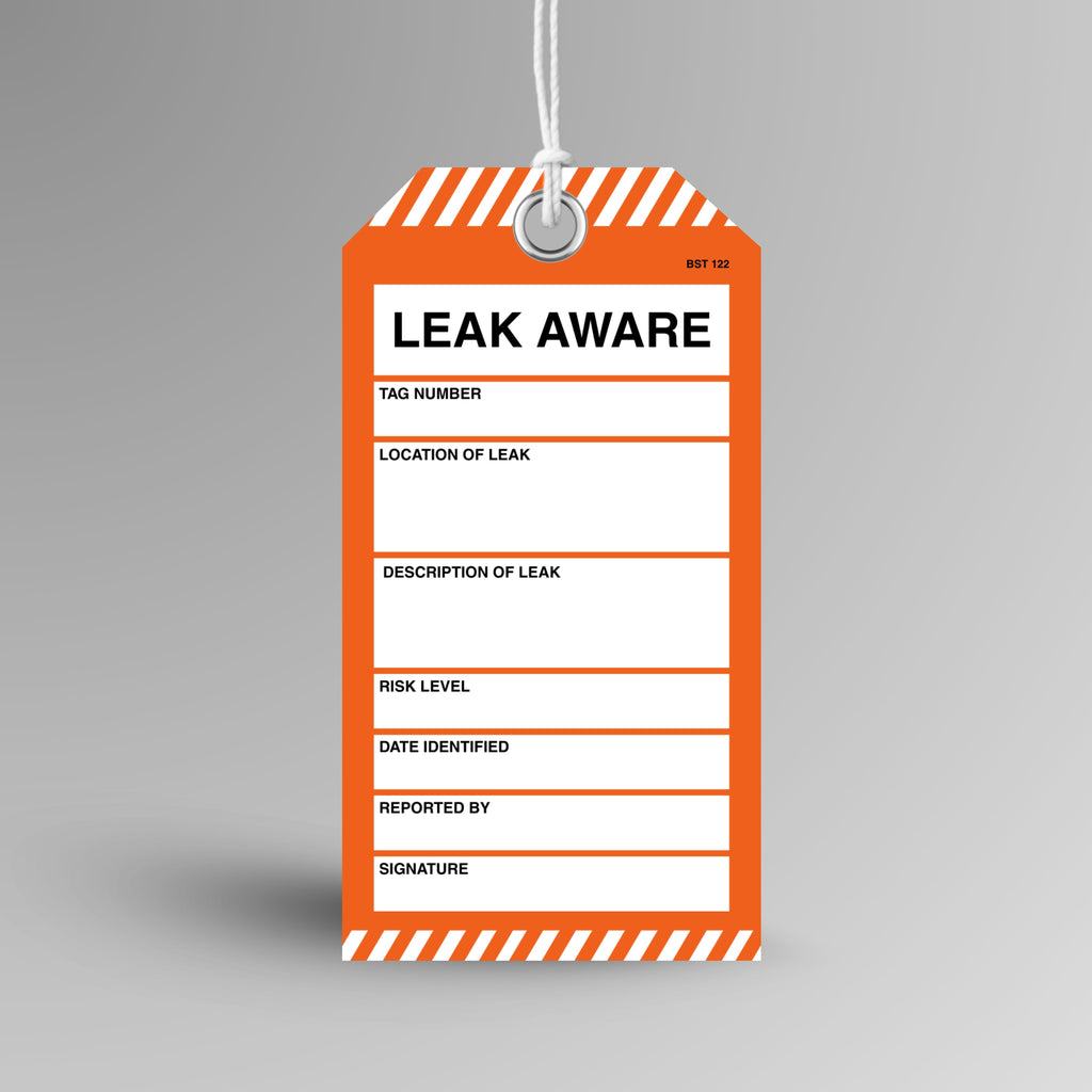 Brute Safety Products BST 122 Leak Aware safety tag, 75x145mm, with orange body and white and orange diagonal stripe header and footer, and fields for tag number, location of leak, description of leak, risk level, date identified, reported by and signature.