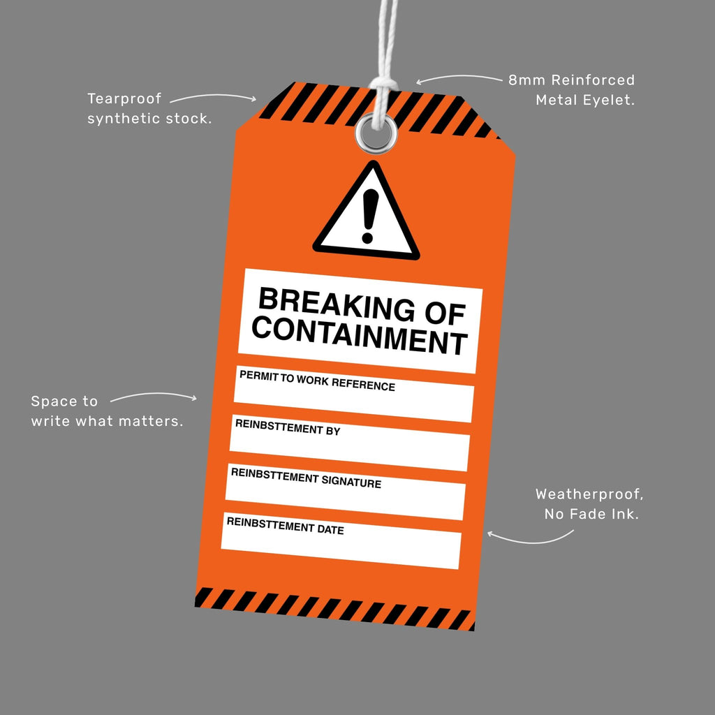 Brute Safety BST 123 Breaking of Containment tag shown at an angle with callout labels highlighting tearproof synthetic stock, 8mm reinforced metal eyelet, space to write what matters, and weatherproof no fade ink.