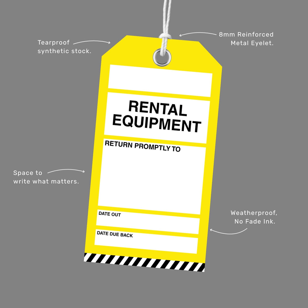 Brute Safety BST 126 Rental Equipment tag shown at an angle with callout labels highlighting tearproof synthetic stock, 8mm reinforced metal eyelet, space to write what matters, and weatherproof no fade ink.