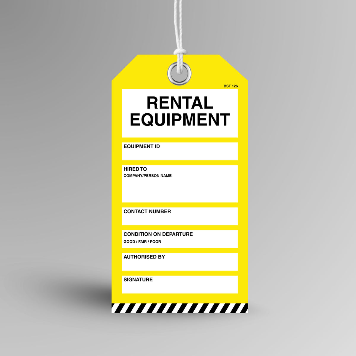 Brute Safety Products BST 126 Rental Equipment safety tag, 75x145mm, with yellow body and black and white diagonal stripe footer, showing rental equipment header and fields for return promptly to, date out and date due back.