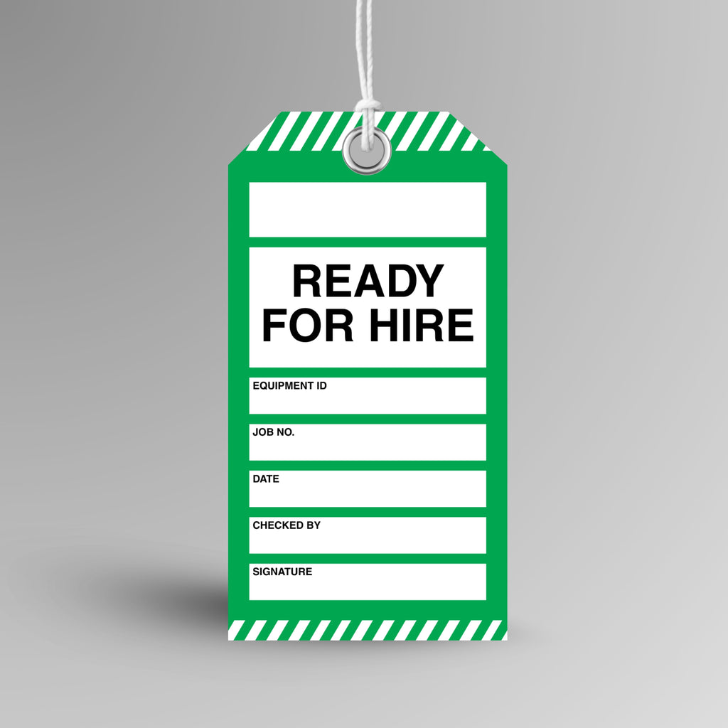 Brute Safety Products BST 127 Ready for Hire safety tag, 75x145mm, with green body and green and white diagonal stripe header and footer, showing ready for hire header and fields for equipment ID, job number, date, checked by and signature.
