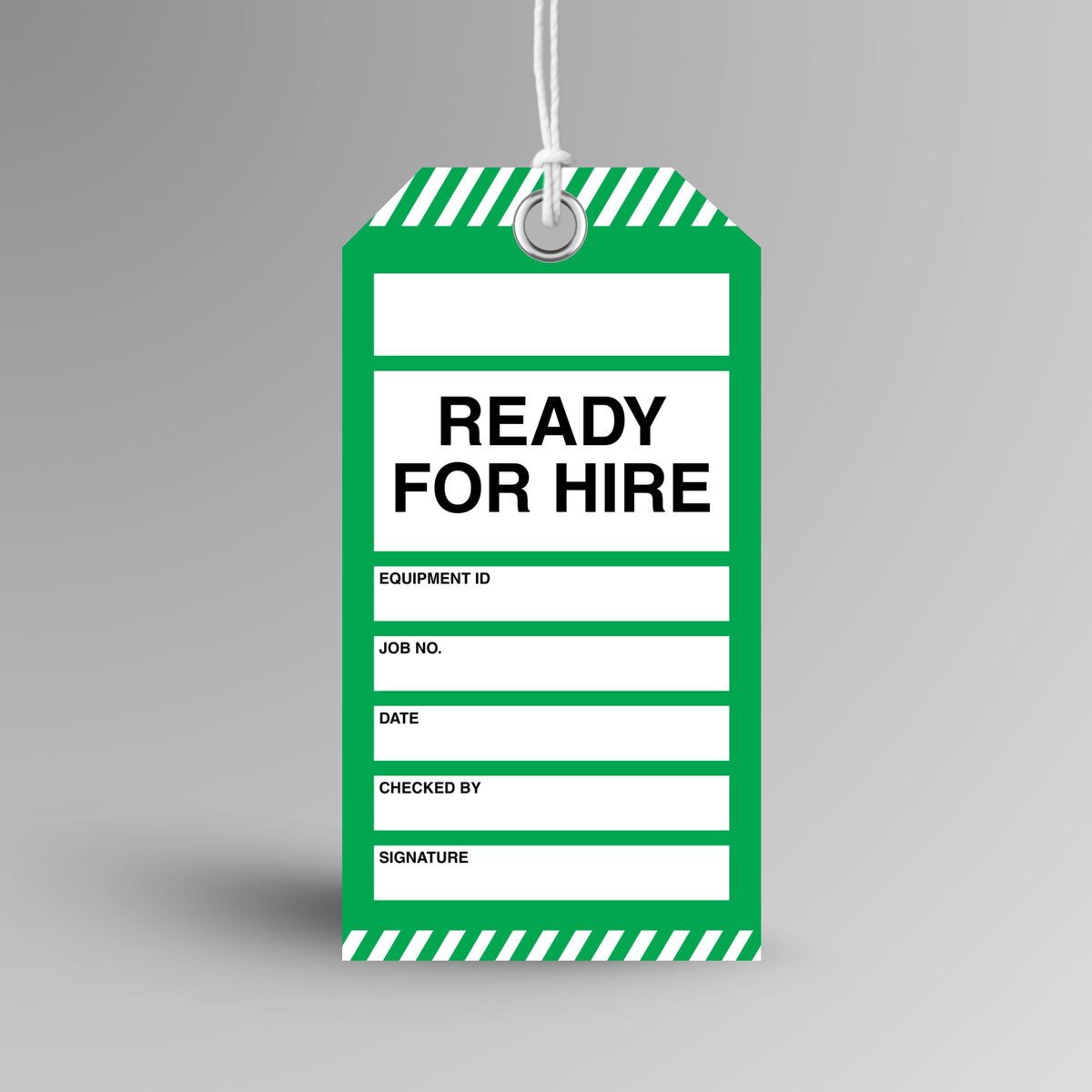 Brute Safety Products BST 127 Ready for Hire safety tag, 75x145mm, with green body and green and white diagonal stripe header and footer, showing ready for hire header and fields for equipment ID, job number, date, checked by and signature.