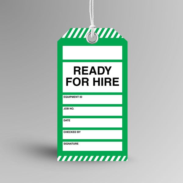 Brute Safety Products BST 127 Ready for Hire safety tag, 75x145mm, with green body and green and white diagonal stripe header and footer, showing ready for hire header and fields for equipment ID, job number, date, checked by and signature.