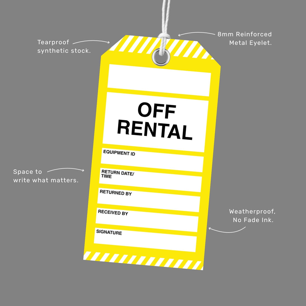Brute Safety BST 128 Off Rental tag shown at an angle with callout labels highlighting tearproof synthetic stock, 8mm reinforced metal eyelet, space to write what matters, and weatherproof no fade ink.
