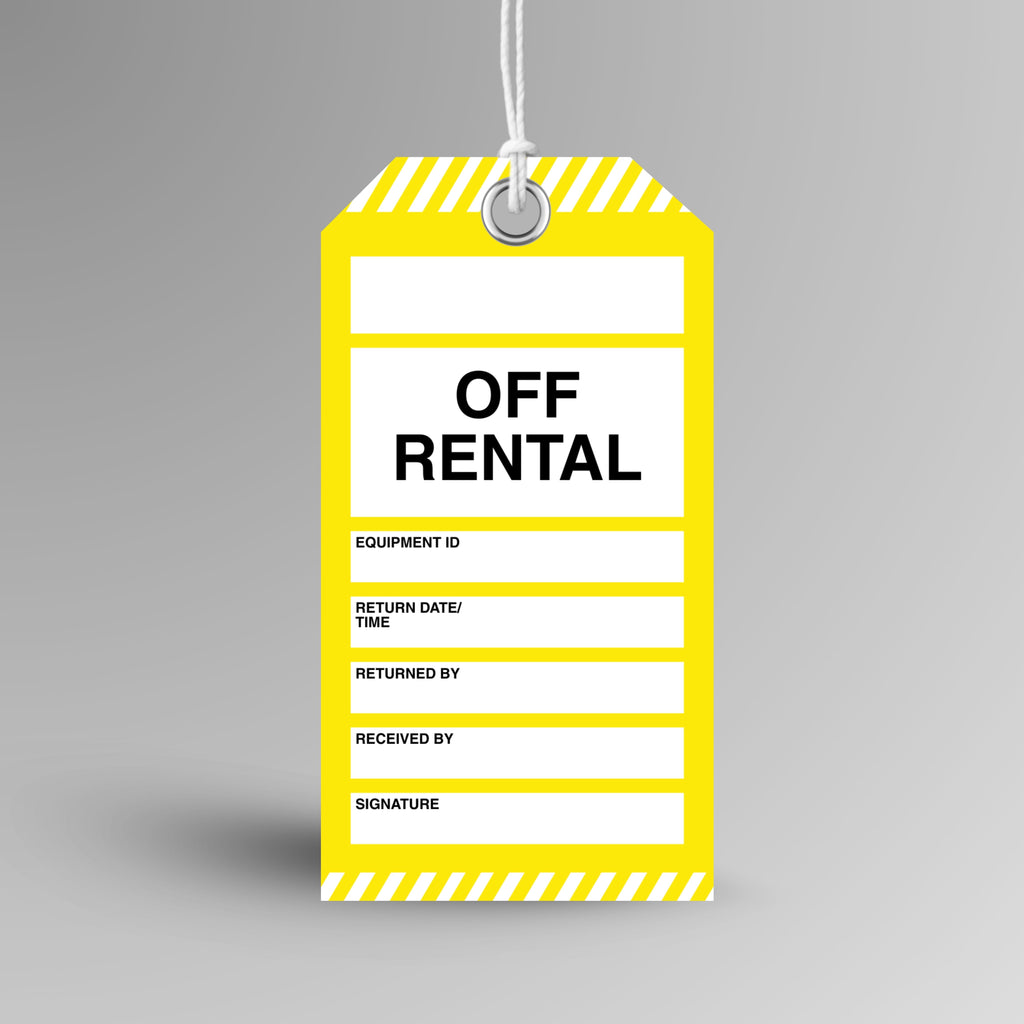 Brute Safety Products BST 128 Off Rental safety tag, 75x145mm, with yellow body and yellow and white diagonal stripe header and footer, showing off rental header and fields for equipment ID, return date and time, returned by, received by and signature.
